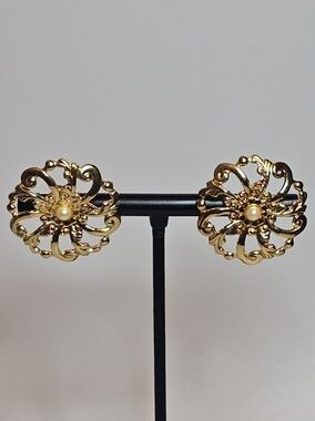 Gold-Tone Floral Filigree Earrings with Pearl Center